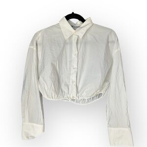 ZARA White cropped button up shirt with elasticated waist and long sleeves
